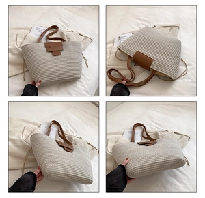 Detail shots of beige woven tote bag showing leather handles and textured craft material
