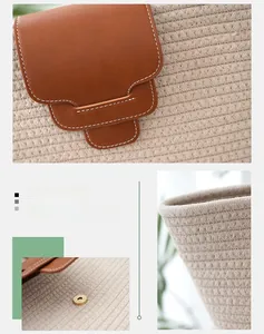 Detail of hand-woven cotton bag with brown leather flap and golden magnetic closure