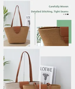Detail of handwoven cotton beach tote showing precise stitching and brown leather strap