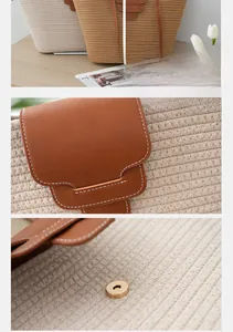 Detailed view of woven straw tote bags with leather trim and gold magnetic buckles