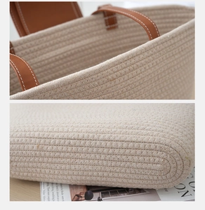 Macro detail of beige woven cotton tote bag featuring premium brown leather handles