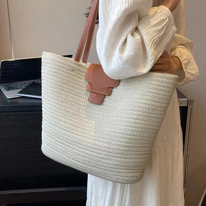 Women's French Minimalist Straw Woven Tote Bag Paper Rope Large Capacity Beach Handbag With PU Leather Shoulder Straps