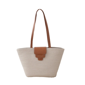 Large hand-woven cotton beach tote bag with brown leather straps for summer vacations