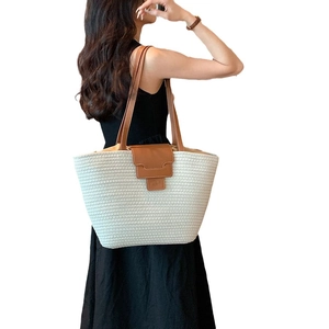 Large capacity woven straw tote bag with brown leather straps for summer beach vacations