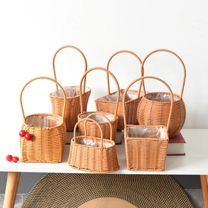 Woven Flower Basket Plastic Rattan Handled Storage Basket With Waterproof Liner For Easter Egg Picnic Home Decor Gift