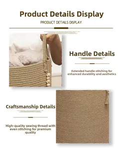 Close-up of woven cotton laundry basket featuring reinforced handles and beaded details