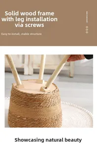 Detail of Nordic woven plant basket showing the solid wood tripod legs and screw assembly