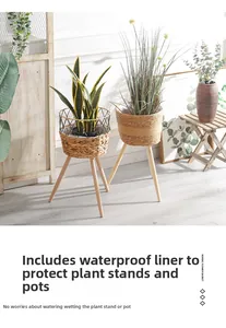 Detail of Nordic woven plant stand showing the built-in waterproof inner film and wood legs