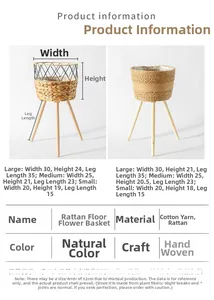 Detailed size chart for handmade woven plant baskets with wooden legs in various dimensions
