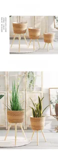 Detail of woven rattan plant pot with wooden legs and transparent plastic liner