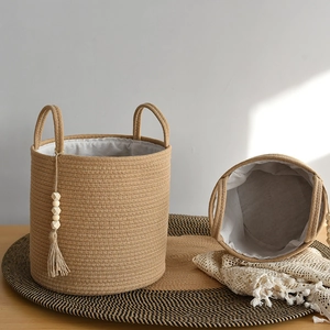 Nordic Cotton Rope Woven Laundry Basket With Wood Beads Tassel Handle Storage Bin Decorative Hamper For Toys Clothes Nursery