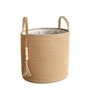 Extra large woven cotton rope laundry basket with dual handles and beaded tassel
