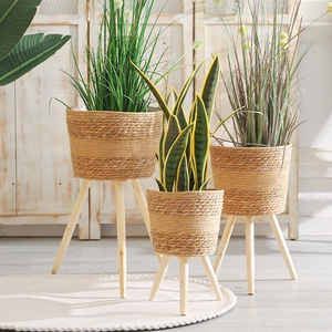 Nordic woven plant stand set with natural seagrass baskets and sturdy wooden legs
