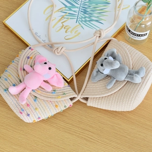 Kids straw crossbody bags with 3D plush elephant decor and colorful polka dots design