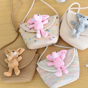 Kids woven crossbody straw bag with cute elephant plush and colorful polka dots patterns