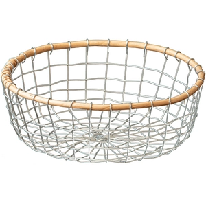 Woven metal wire storage basket with wooden rim for fruits and snacks, white background