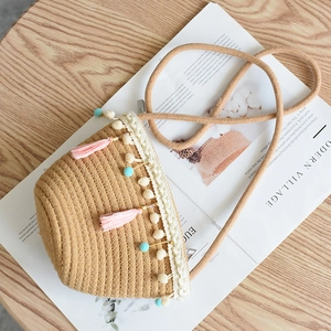 Cute Japanese style mini straw bucket bag with lace and colorful tassels for summer beach