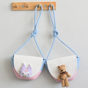 Kids Woven Cotton Rope Crossbody Bag Cute Plush Elephant Bear Decoration Handmade Summer Beach Bucket Bag For Toddlers Girls