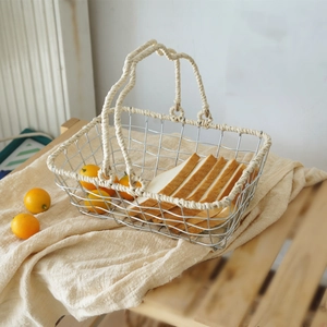Modern Nordic iron wire storage basket with dual handles and woven fiber details