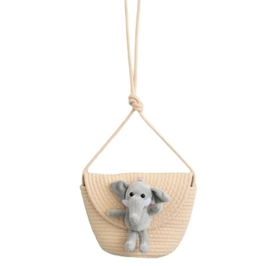 Handmade woven cotton straw bucket bag with cute 3D plush elephant for kids