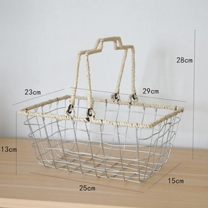 Detail view of woven wire storage basket with wooden finish handles and dimensions