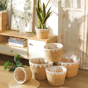 Nordic Hand Woven Straw Flower Basket Plant Pot With Plastic Liner For Indoor Garden Decor Grey Scalloped Planter