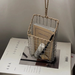 Nordic minimalist iron wall hanging storage basket with paper rope detail and lanyard