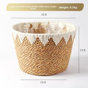 Macro shot of hand-woven straw basket detail with white cotton tassels and waterproof lining