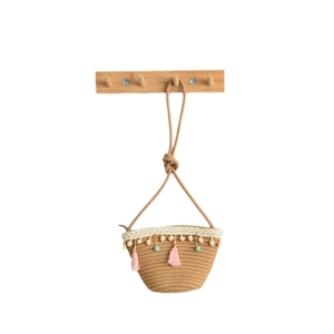 Cute cartoon straw crossbody bag with pink tassels and lace trim for kids beach style