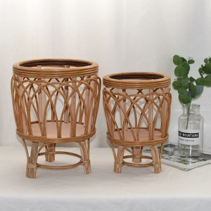 Set of 2 woven rattan plant stands with solid wood tripod legs for indoor home decor