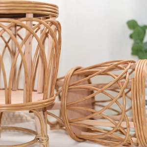 Nordic woven plant stand with natural rattan basket and sturdy solid wood tripod legs