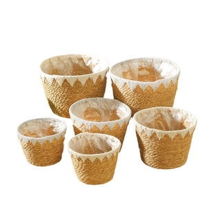 Set of 6 Nordic woven grass flower baskets with waterproof lining for indoor plants