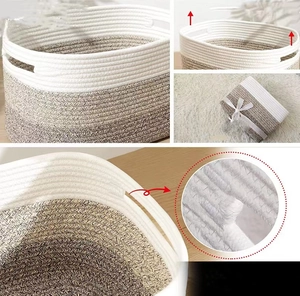 Detailed macro view of woven cotton rope basket showing bicolour texture and handle