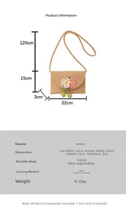Detailed size chart for the woven crossbody bag with floral patterns and measurements