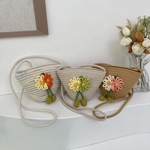 Fashionable woven crossbody phone bag with 3D floral accents in assorted colors