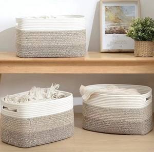 Handmade Cotton Rope Storage Basket Three Color Patchwork Woven Organizer With Handles For Clothes Toys Home Organization