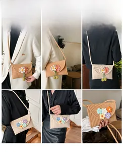 Collage of model wearing woven crossbody bag with 3D floral accents in various colors