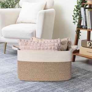 Detail of woven cotton and jute storage basket showing large capacity for home organization