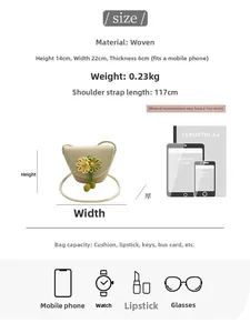 Size guide for floral woven bag showing 22x14x6cm dimensions and daily item capacity