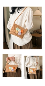 Detailed close-up of handmade woven crossbody bag with colorful crochet flower accents