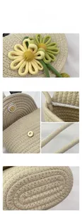 Detailed views of floral woven crossbody bag with daisy charm and magnetic snap button