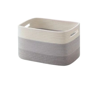 Woven cotton rope storage basket with two-tone design and handles for home organization