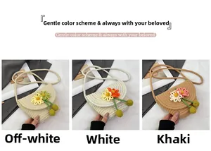 Three colors of handmade woven flower crossbody bags displayed on fashion magazines