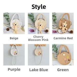 Collage of handmade woven crossbody bags in multiple colors with bear and flower charms