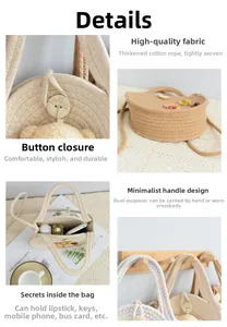 Detail view of woven cotton rope bag with floral accents and wooden button closure
