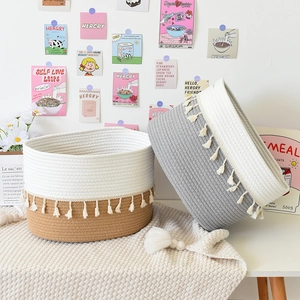 Cotton rope woven storage baskets with fringes for home organization and decor