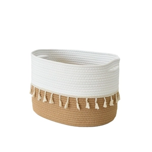 Large cotton rope woven storage basket with tassels and two-tone bohemian home decor