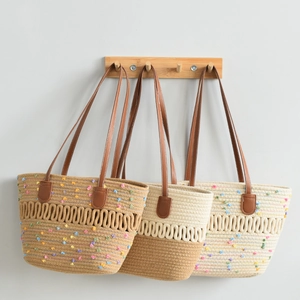 Summer woven tote bags in three colors featuring colorful dots and leather shoulder straps