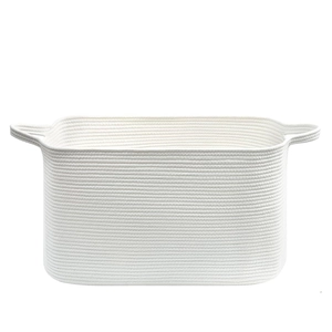 White woven cotton rope storage basket with dual reinforced handles and rectangular design