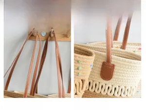 Detail of woven tote bag showing neutral bicolor stitching and soft brown faux leather handle